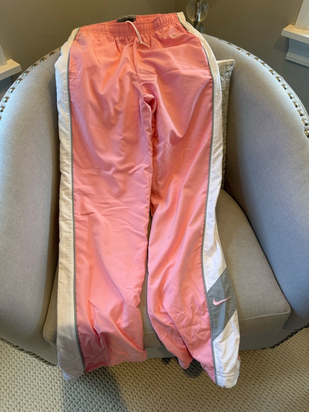 VINTAGE Y2K Nike Pink Track Pants with White Side Panels and Gray Accents, lined